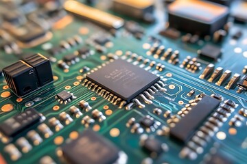 Close up of Circuit Board with Microchip. Concept of Technology, Electronics, and Innovation.
