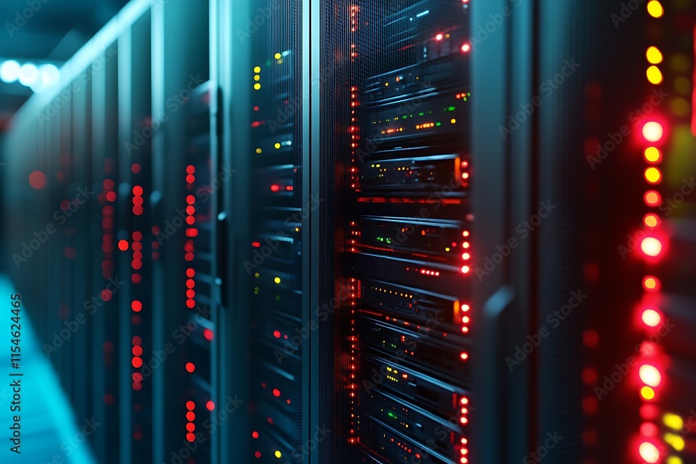 Poster server racks in a data center. concept of technology, data, and digital infrastructure.