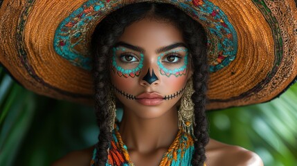 Close-up of Day of the Dead parade participants with colorful face paint