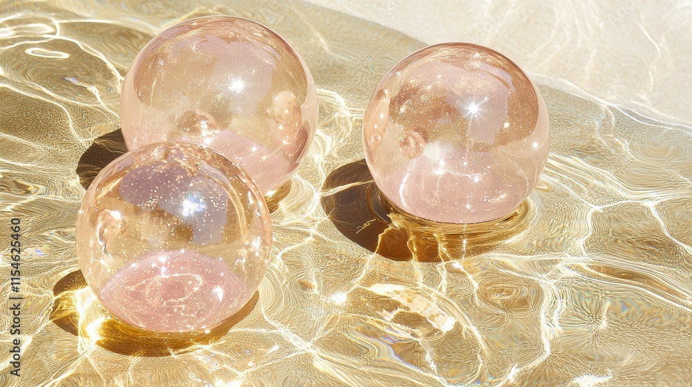 Poster floating peach fuzz orbs in liquid gold pool abstract art serene environment close-up view unique co