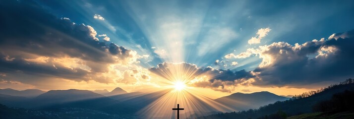 A breathtaking sunrise illuminates a crafted cross in a serene landscape, symbolizing hope and renewal during Easter, which celebrates the miracle of resurrection and new beginnings