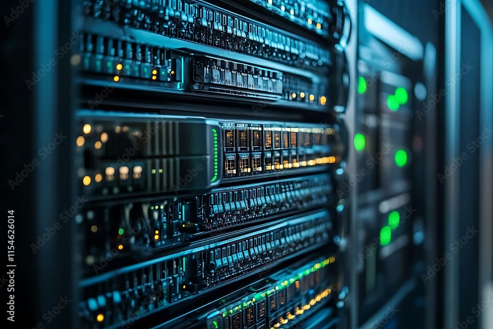 Poster server rack in data center. concept of technology, data storage, and cloud computing.