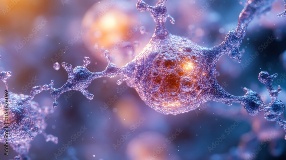 Poster microscopic view of interconnected neurons, synapses firing, neural network.