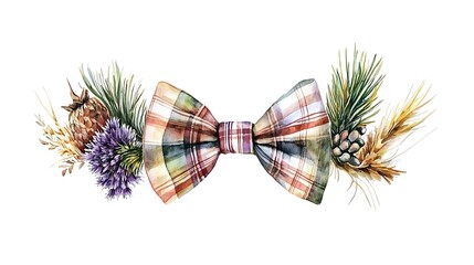 Plaid bow tie with pine, thistle, wheat.