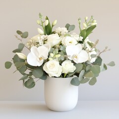 Elegant monochromatic floral arrangement featuring white orchids indoor still life minimalist peaceful atmosphere