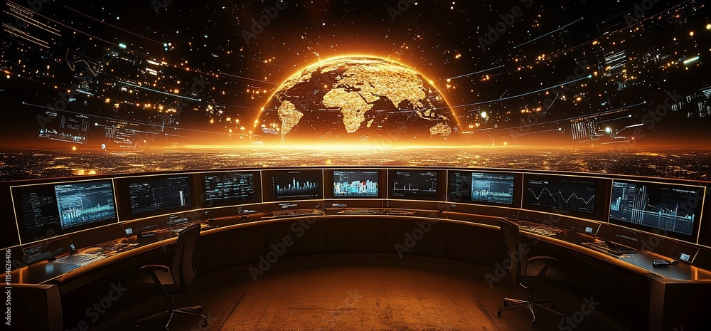Poster futuristic control room with screens displaying global data and a glowing earth.