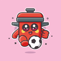 cute cooking pot character mascot playing football isolated cartoon