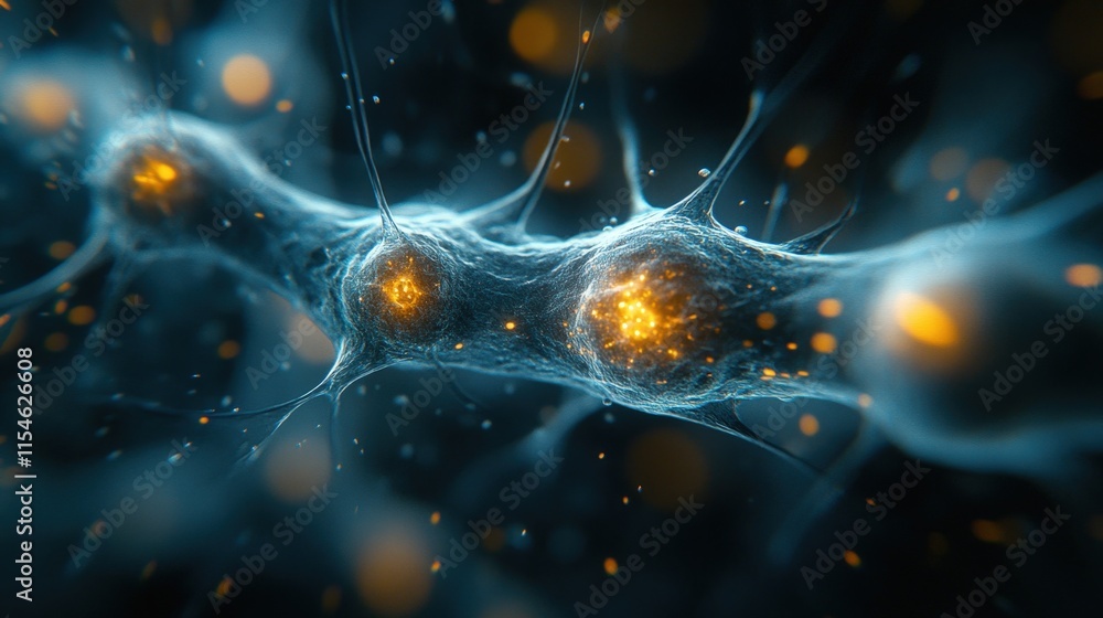Poster microscopic view of interconnected cells with glowing nuclei.