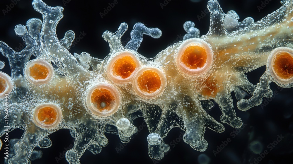 Poster microscopic view of orange-hued organisms on a translucent, branching structure against a black back
