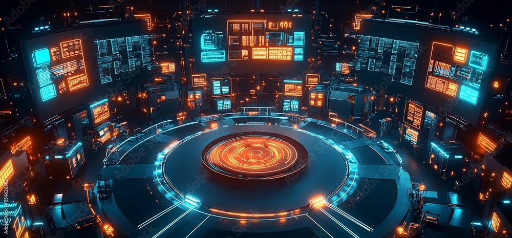 Poster futuristic control room with glowing screens and circular interface.