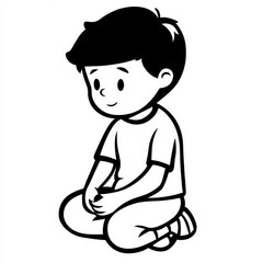 Cute cartoon illustration of a young boy sitting on the floor with hands in lap, simple black and white style, perfect for children&rsquo;s themes and educational content