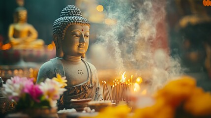 A close-up of a Buddha statue surrounded by incense, flowers, and offerings, symbolizing the peaceful celebration of Mahayana New Year
