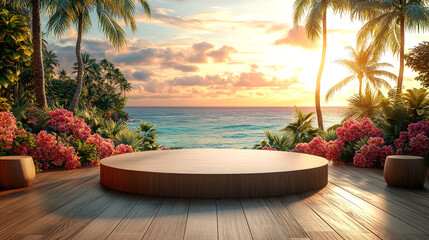 Fototapeta premium Tropical sunset beach scene with wooden display platform.