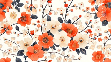 Seamless pattern with orange and white flowers, branches, and leaves on white background.