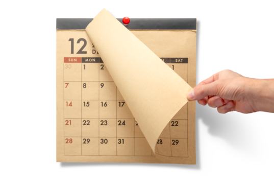 壁掛けの月めくりカレンダー。12月、年末、年の瀬のイメージ