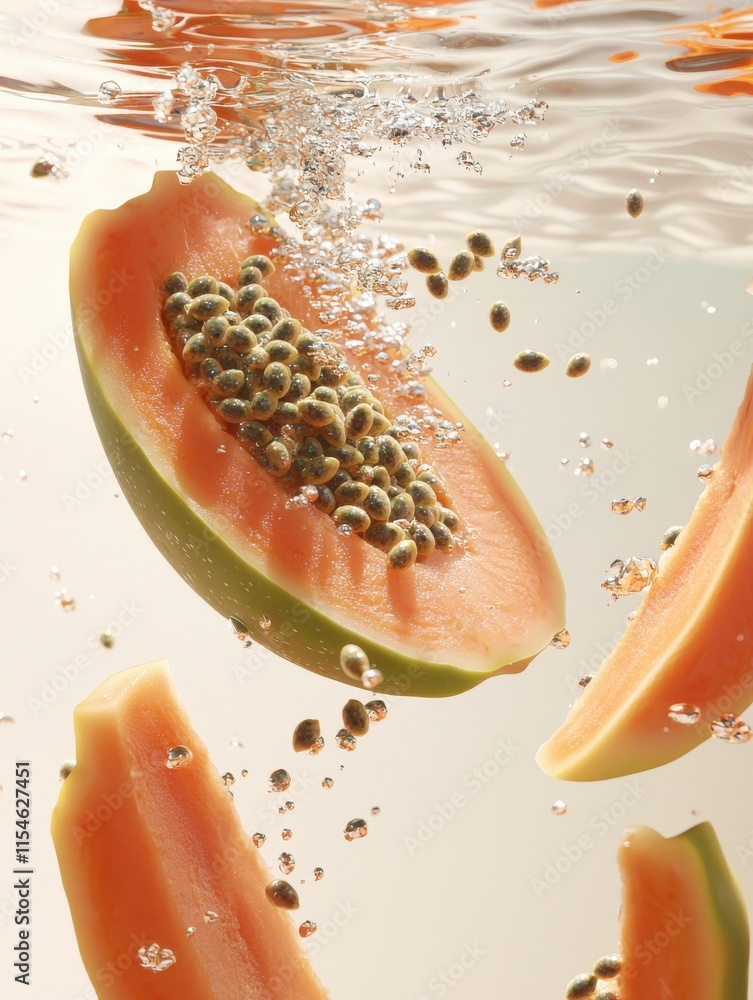 Poster underwater action of scattering papaya slices and seeds aquatic environment dynamic food