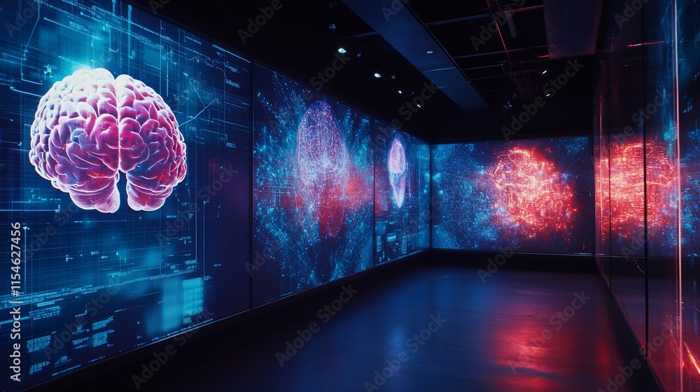 Poster futuristic display of brain imagery and data visualization in a dark space.