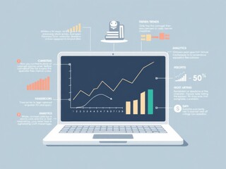 Smartphone displaying business graph and analytics data on laptop with infographic chart for financial strategy analysis, infographic, strategy, trends