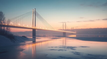 Fototapeta premium Illuminated Cable-Stayed Bridge at Sunset over a Frozen River