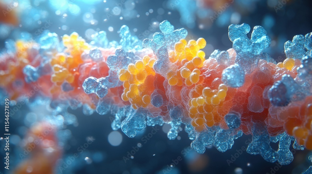 Poster microscopic view of a dna strand, showing intricate details of the double helix structure with color