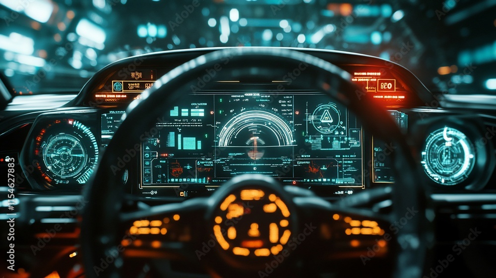 Poster futuristic car dashboard with advanced digital displays and controls.