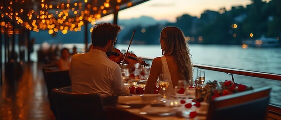 Romantic dinner cruise with live violin music at sunset.