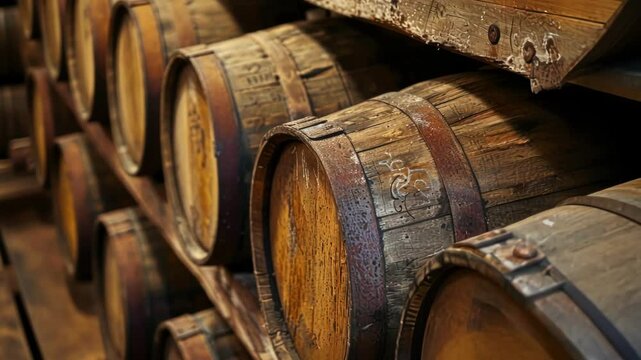 Vintage wooden wine barrels resting on rustic racks inside dark cellar, revealing traditional winemaking process and craftsmanship of storing fermented alcoholic beverage