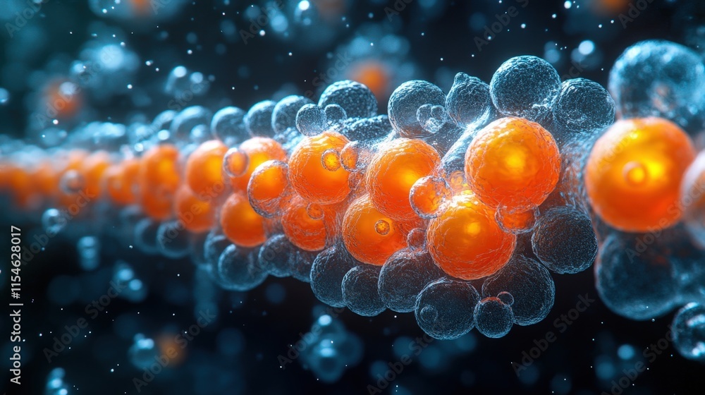 Poster microscopic view of glowing orange and blue spheres linked together in a chain, floating in a dark b