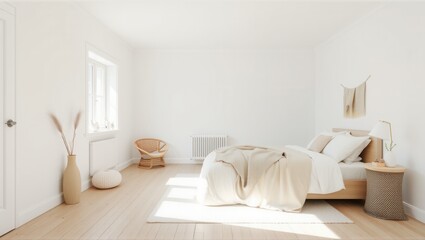 A bright, minimalist bedroom with a wooden bed, white bedding, natural decor elements, and soft lighting creating a cozy, serene atmosphere. Generative, AI,