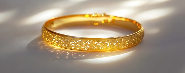 A gold bracelet with delicate engravings resting on a smooth white background, glowing under high-contrast lighting. contrast, white background, well-lit