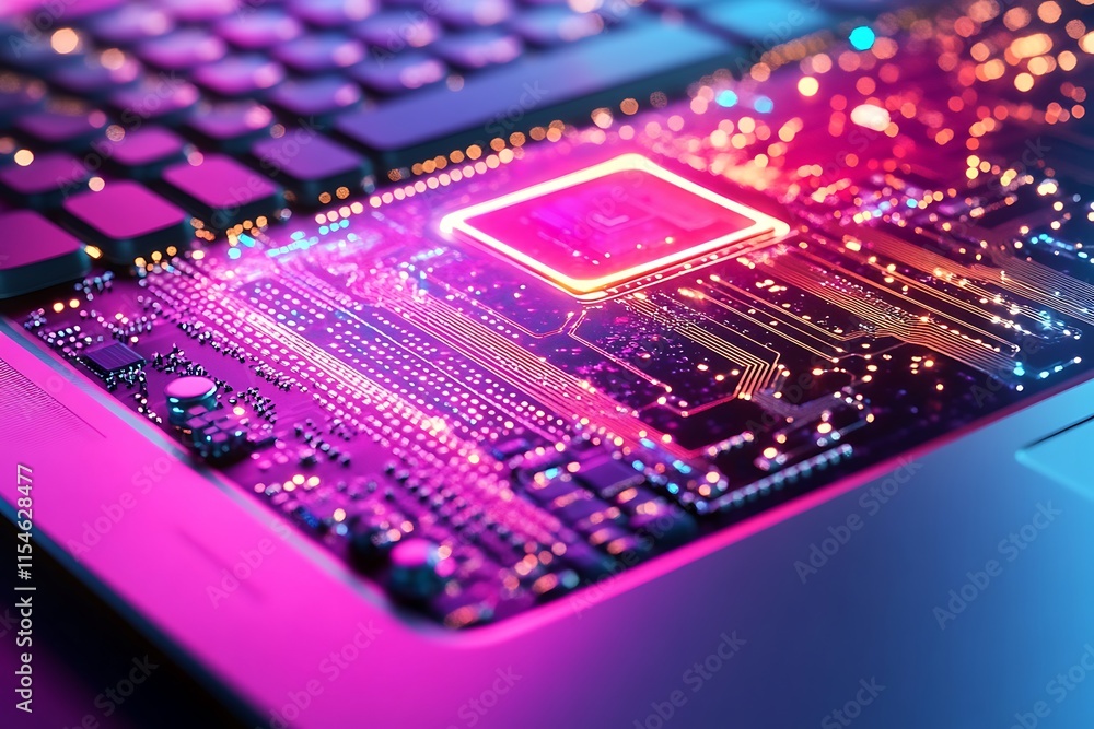 Poster close up of a glowing computer circuit board with cpu. concept of technology, innovation, and digita
