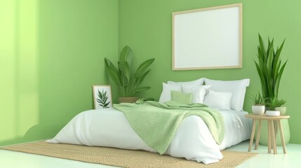Green bedroom interior with bed, plants, and frame.