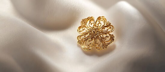 A gold pin with intricate filigree details placed on a pristine white background, illuminated by soft, high-contrast lighting. contrast, white background, well-lit, sharp