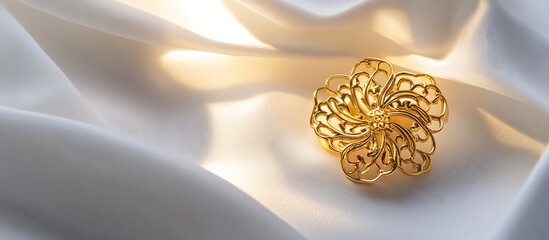 A gold pin with intricate filigree details placed on a pristine white background, illuminated by soft, high-contrast lighting. contrast, white background, well-lit