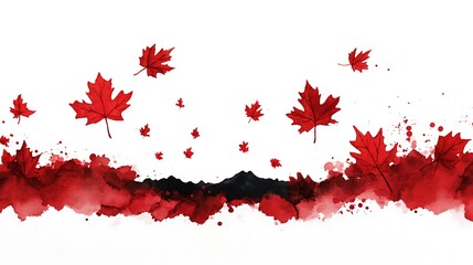 Red maple leaves falling on watercolor background.