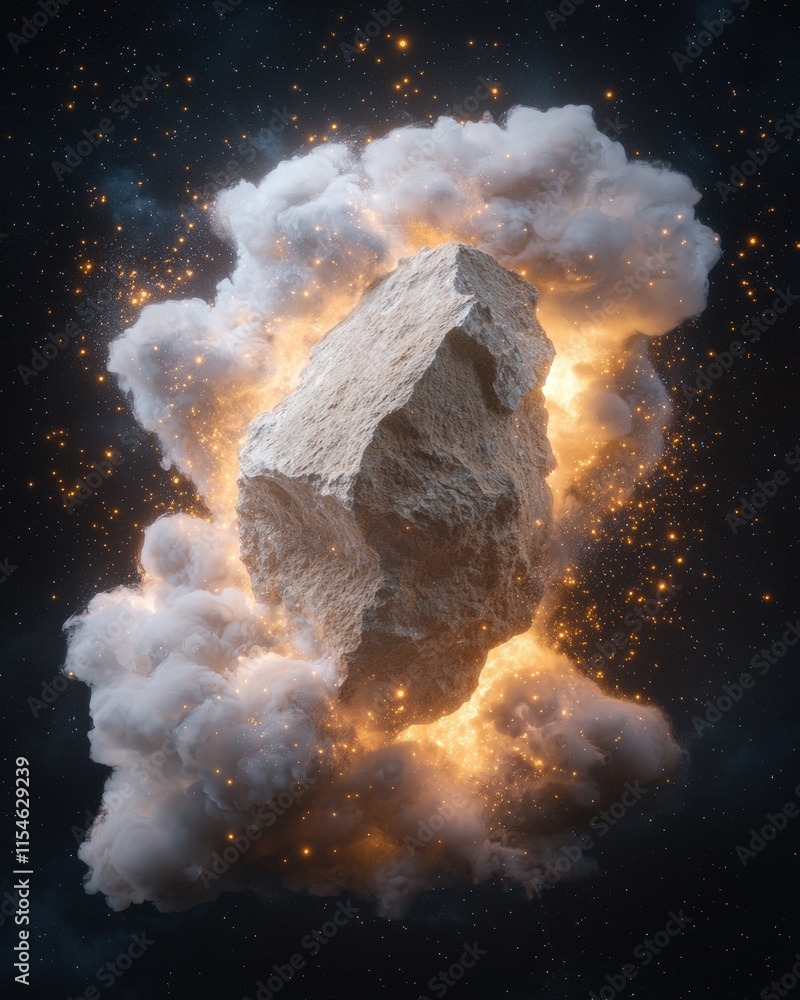 Poster explosive fragmentation of stone releasing glowing gas clouds in cosmic space environment