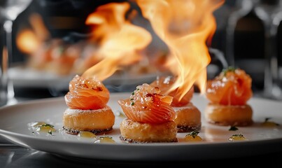 Gourmet dish featuring flaming salmon atop savory cakes, showcasing culinary artistry.