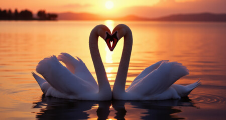 Two swans making a heart, Sunset landscape