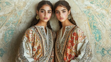 Symmetry in Tradition: Tunisian Twin Models in Mirrored Poses Wearing Intricate Robes