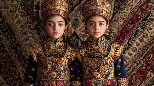 Symmetrical Elegance: Armenian Twin Models in Traditional Taraz Dress Showcasing Ornate Patterns and Cultural Richness under Bold Lighting