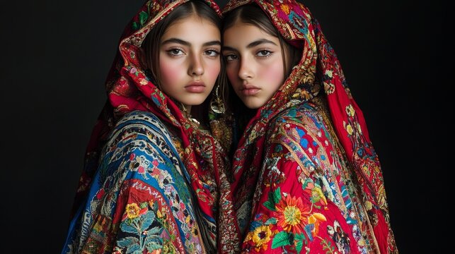 Reflections of Elegance: Afghan Twin Models in Vibrant Khet Partug Outfits Strike Mirrored Poses for High-Fashion Editorial