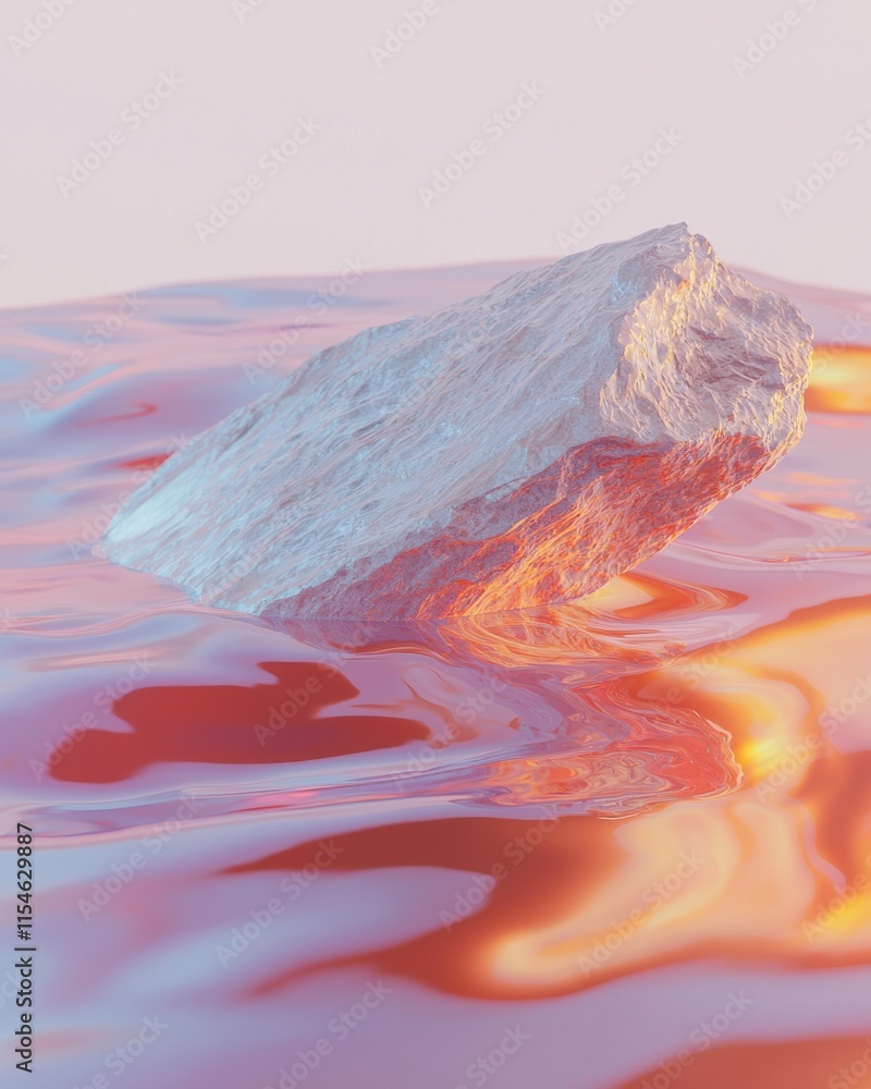 Poster floating stone in molten energy pool abstract art surreal environment dynamic viewpoint mystical con