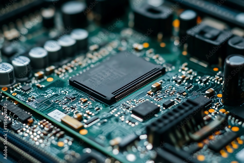 Poster close up of a circuit board with microchip. concept of technology, electronics, and innovation.