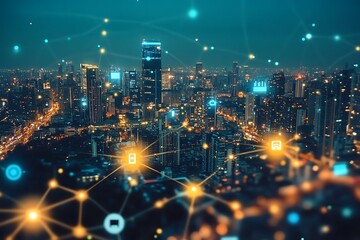 Obraz premium Global City Network at Night. Concept of interconnectedness, technology, and urban development.