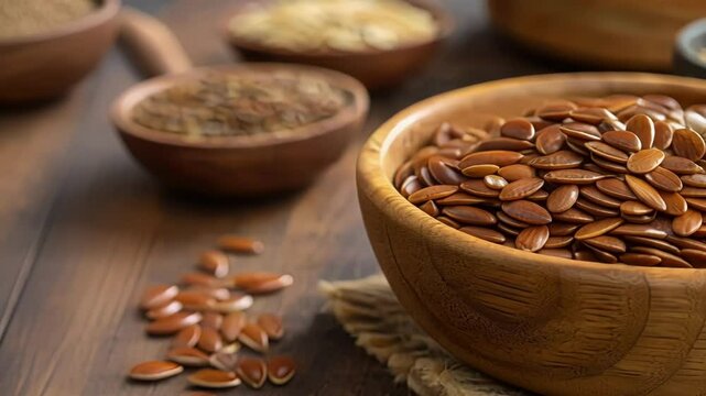 Flaxseed in a S A closeup shot of a wooden s filled with shiny brown flaxseeds. The glistening surface of the seeds reflects light illustrating their high omega3 content with a