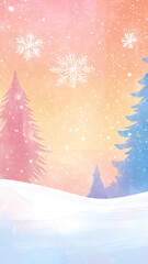 Fototapeta premium Whimsical winter landscape with colorful trees and snowflakes