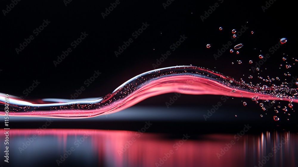 Poster red liquid wave with droplets splashing on dark background.