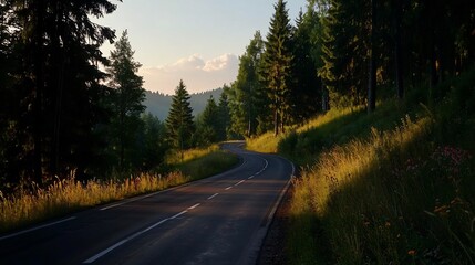 Naklejka premium Scenic Winding Road Through a Lush Green Forest at Sunset