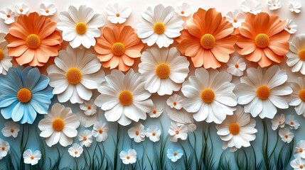 Colorful paper flowers arranged in rows on a textured background.