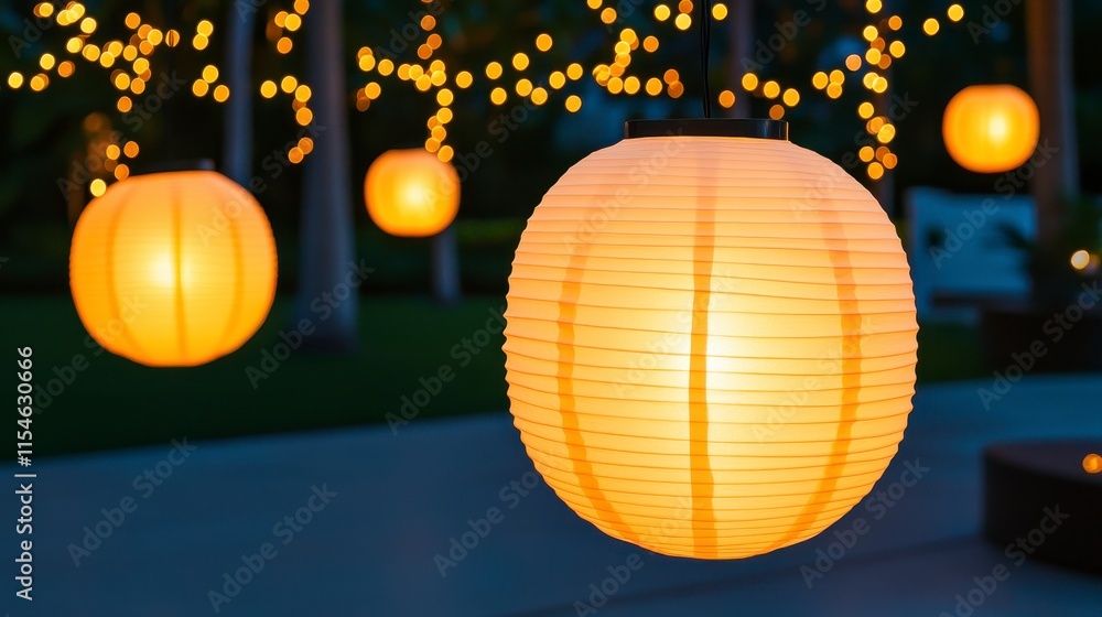 Poster glistening paper lanterns illuminating a tranquil evening setting with bokeh lights in the backgroun